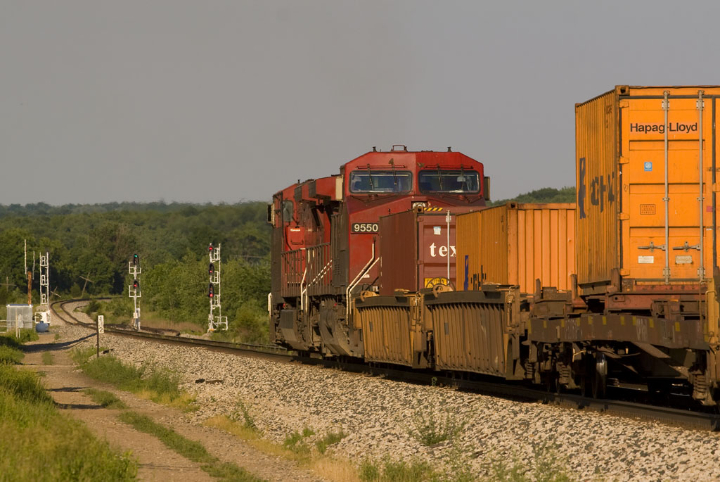 CP 9550
CP 9550 trails on this eastbound CP X500 late in the day on 06/09/07.  Here they are going downhill at Fox in GR.
