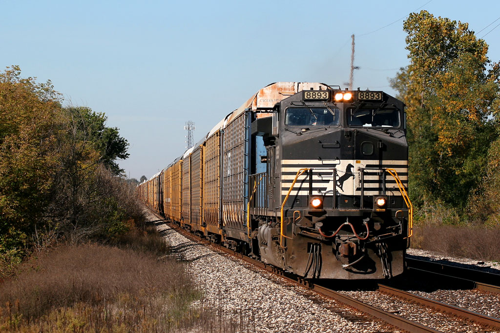 NS 8893
To quote Nathan with minor editting: "Lost" foreign NS leader #8893, a D40-8CW, leads an eastbound rack train at the 16th St. crossing on the CN South Bend Subdivison in Kalamazoo County. This view looks west toward Schoolcraft, just a mile down the line. After spending a day in Butler/Corunna on the Water Level Route, I was really hoping to see something RED on the front of a train here. I bet Nathan agrees.  10/08/06
