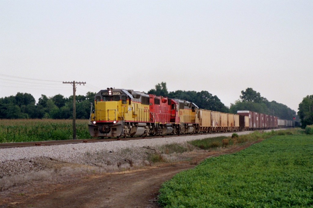 Ann Arbor GP39-2 #2373
A healthy Ann Arbor freight, led by GP39-2 #2373, GP38 #7771, and GP39-2 #2368 approach Ida West Road, northbound near Diann Junction. The train consists of 44 cars, including 7 stone hoppers for Holcim, 6 NS hi-cube boxcars for interchange to the NS at Milan, and the balance grain hoppers which will be forwarded to the GLC at Osmer. August 12, 2009. 
Keywords: Ann Arbor AA GP39-2 2373 7771 2368 Ida Dundee Diann Annie