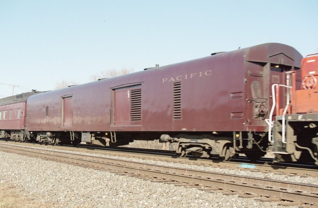 Royal Canadian Pacific Baggage/Generator Car
The Generator/Baggage Car for the Royal Canadian Pacific Executive train is the first of ten passenger cars on the CPR Executive Special rolled eastbound at track speed on the former NYC Water Level Route through Dunlap, Indiana.  The Executive train is on the move from Chicago to Toronto, and they are using their trackage rights over the NS through Indiana, Ohio, and Michigan.  This is the only lightweight car in the train; the rest are heavyweight passenger cars.  November 22nd, 2006.
Keywords: Royal Canadian Pacific CP Rail business executive special baggage generator Dunlap Elkhart CP 046 passenger