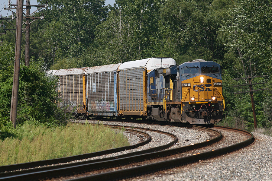 CSXT Train Q21630 - Westland
CSXT 5451 leans into the curve at Glenwood as it heads south to New Boston with Q21630.
[August 30, 2008]
