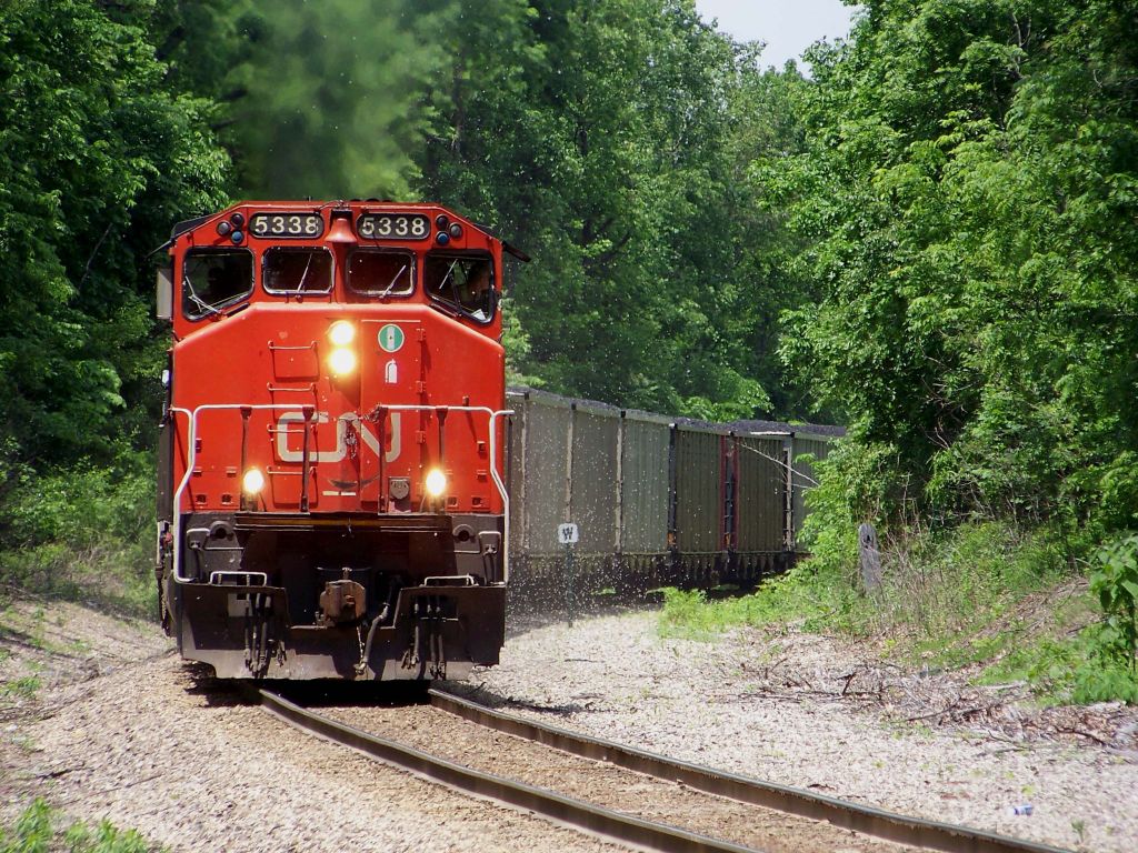 CN 5338
Things are changing fast on the EJ&E. First, the State Line has CN SD40-2W 5338, IC SD40-2 6100 (CN paint) and a CN SD40u. Second, CN is starting to replace the traditional J style stone whistle posts and mile markers with generic signs.
Keywords: CN SD40-2W 5338 Joliet