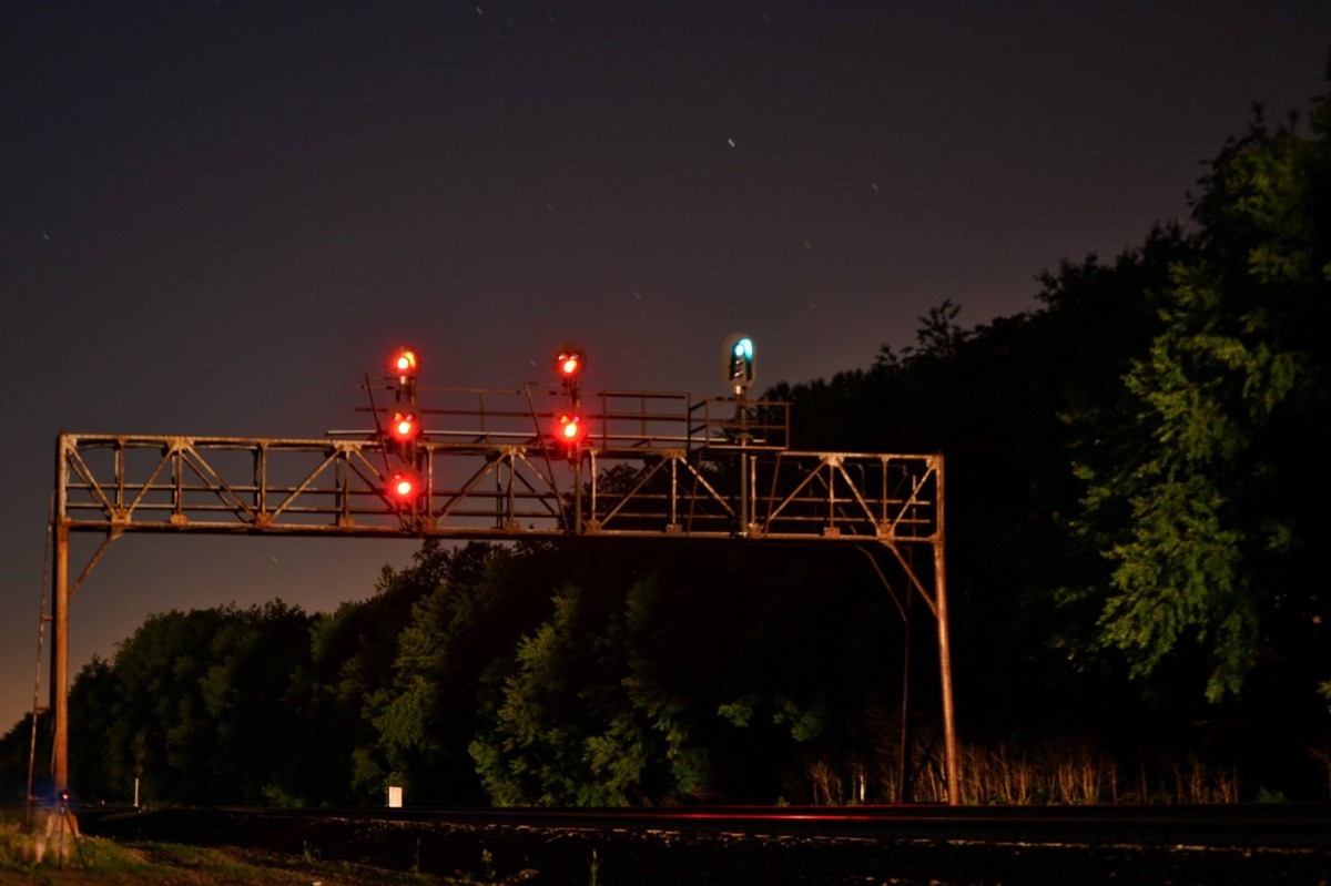Pinola at Night
Night shot of the old WB NYC style signal bridge at Pinola IN.  
