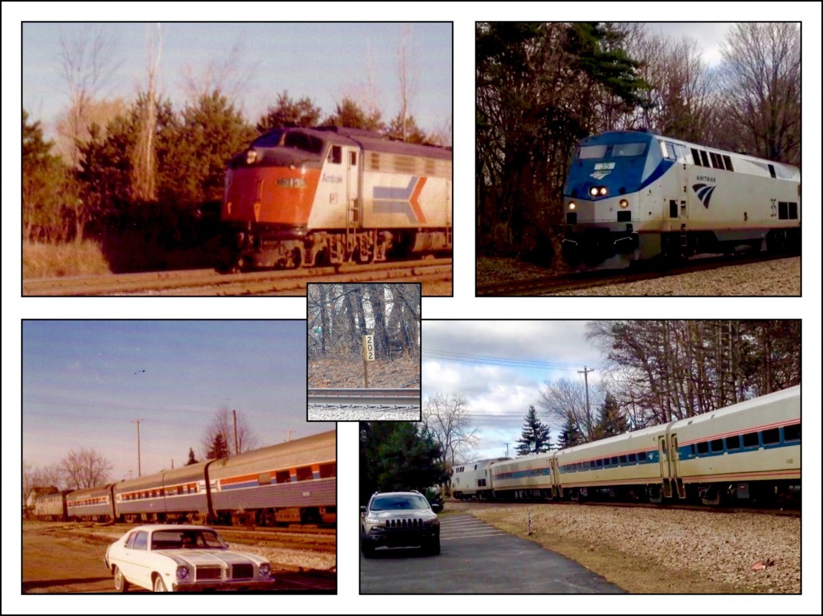 40 Years at MP 202 curve Charlotte, MI
2/28/76 (left) with Amtrak on a two track GTW main.
3/10/17 (right) with Amtrak 365 on the now single track CN main.
Vehicles change from a 1972 Oldsmobile Omega to a 2017 Jeep.
Power pole still there and foliage has grown up.
Still a good place to enjoy trains.
Keywords: Charlotte CN GTW Amtrak 