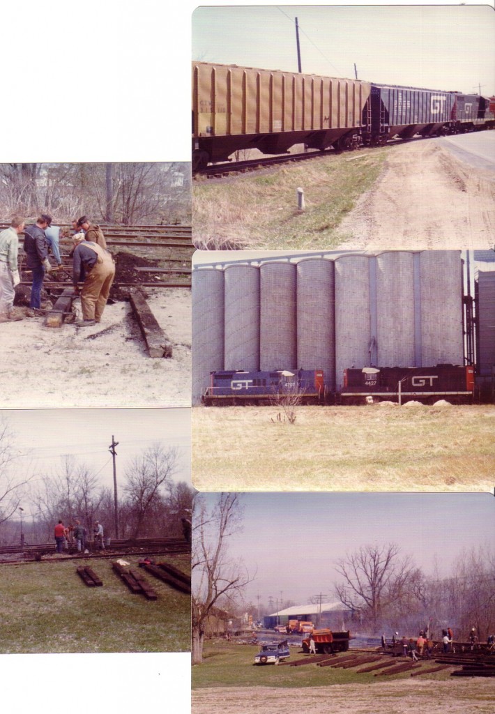 GTW takes over PC line at Charlotte  April 1976
MOW photos  4-10-76 of GTW workers replacing ties at joints in old MC/PC yard at Charlotte. As I recall many of the ties were rotted and sunken in the mud. There was much concern of derailments here at the end of PC and start up of the GTW era. GTW replaced the ties on most track joints on the former main through the yard at this time.
Train photos
Top 4-6-76 GTW freight EB crossing M-50 with cars for the FB mill. 
Bottom 4-6-76 Locos later in the day at the FB Grain Elevators during switching movements.
Keywords: GTW Charllote