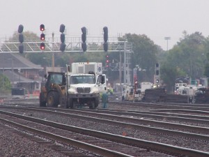 Welding and grinding on Track 3 (old Coach Track)<br />(WB Signal for Track 2 remains lit from yesterday.)