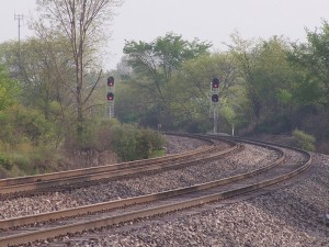 The new westbound at West Butler. Note that the signal is the same type for both tracks (3 over 2).