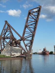 The Conrail Bridge, looking downriver, in the fully raised position.