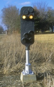 A photo (not my own) of a pedestal signal at the now-reworked control point at Claypool, IN