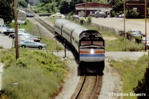 Amtrak #270 Northbound on the Kalamazoo Branch with a Detour train at Three Rivers, Mi. 7-1983.