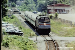 Another Amtrak detour on the Kalamazoo Branch northbound with Amtrak #218 on 8-1983 Three Rivers, Mi.