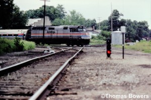 Amtrak Detour on the Kalamazoo Branch at 4th.st. Northbound on 8-1983 Three Rivers, Mi.
