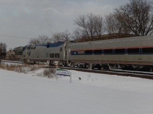 Amtrak P42 61 on the point of the Blue Water. Looks like it's been a snowy journey! The rear unit was a Charger. As reported by the station volunteer, about 220 people boarded the train at EL.
