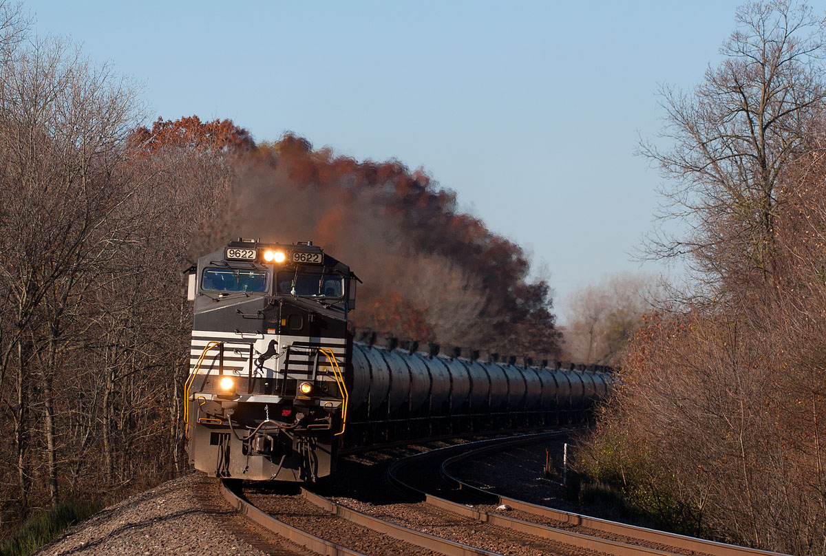 NS 9622
Remarks: Heading east on this elevated curve, we see this load enroute to Elkhart.  11/12/16
