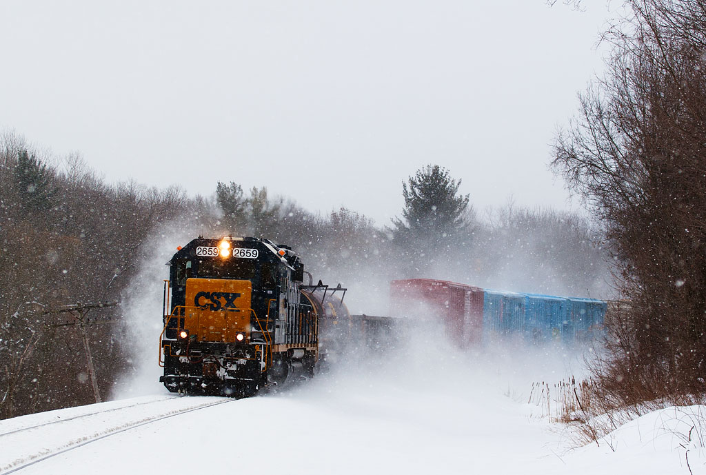 CSXT 2659
Heard D70009 was going by Grand Junction as I was just south of Holland.  Took the side roads just south of the Kalamazoo River near Fennville and got this of them eastbound(north) at 56th St.  02/10/11
