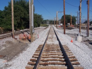 Looking eastbound between the main tracks. The Track 1 WB signal has been installed.